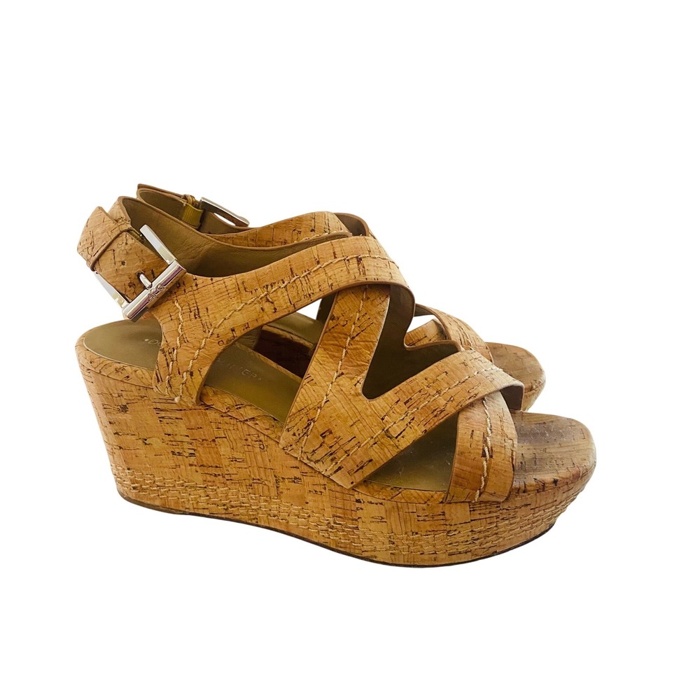 Donald J Pliner Cork Wedge Sandals Strappy Gold Stitch Ankle Strap Tan Sz 7